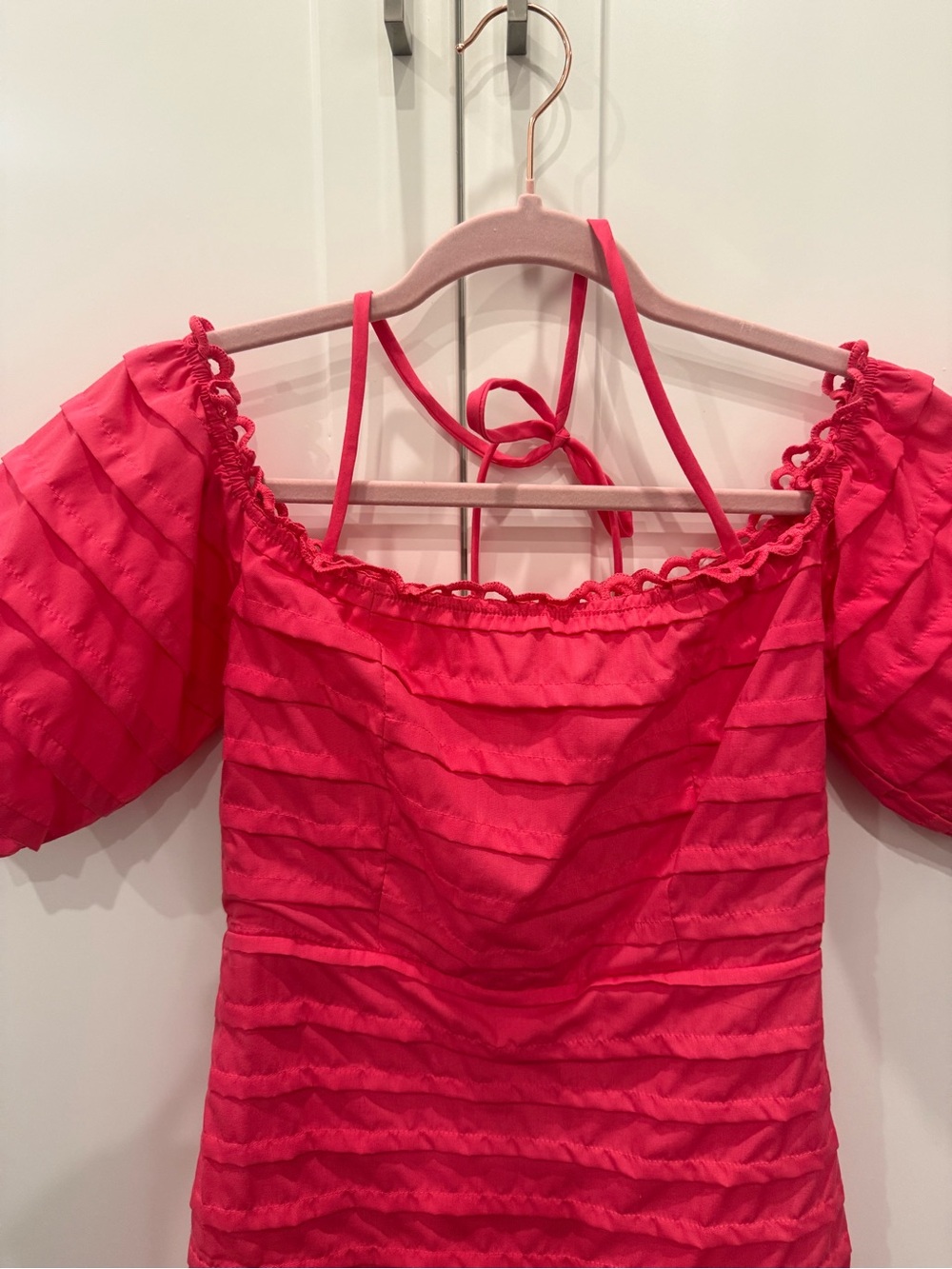 Flamingo Pink Puff Sleeve Dress - Picture 2 of 4